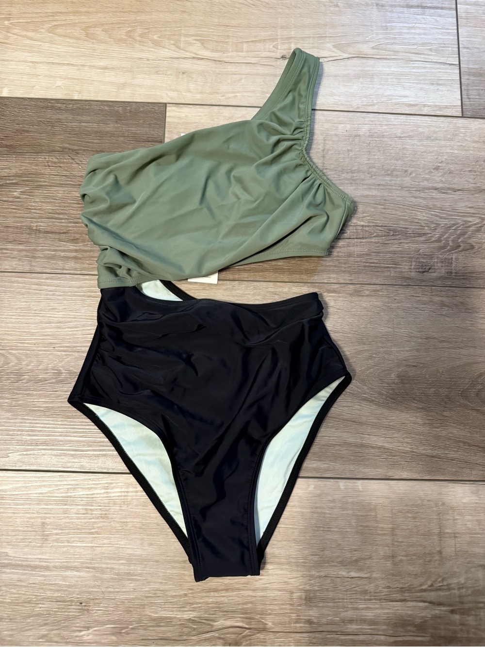 Cupshe Olive One-Shoulder Swim One-Piece with Black High-Waist Bottom
